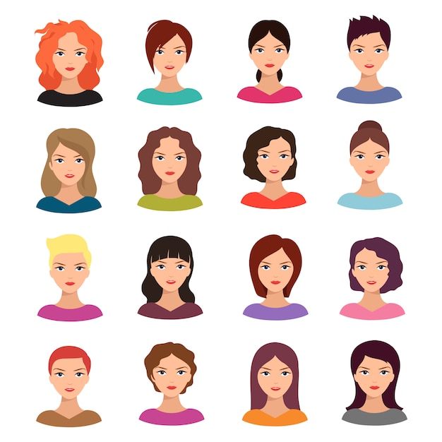 Mujer con peinado diferente. conjunto de avatar de caras de mujeres jóvenes hermosas