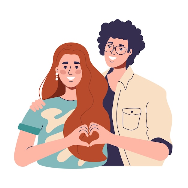 una mujer pelirroja y un chico de pelo rizado aman y muestran sus corazones con las manos. pareja feliz