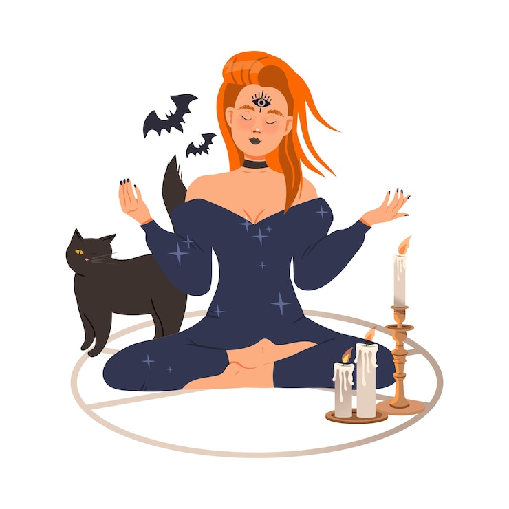 Vector mujer pelirroja como adivina o psíquica cruz sentada en círculo prediciendo el futuro o realizando una ilustración vectorial ritual oculto