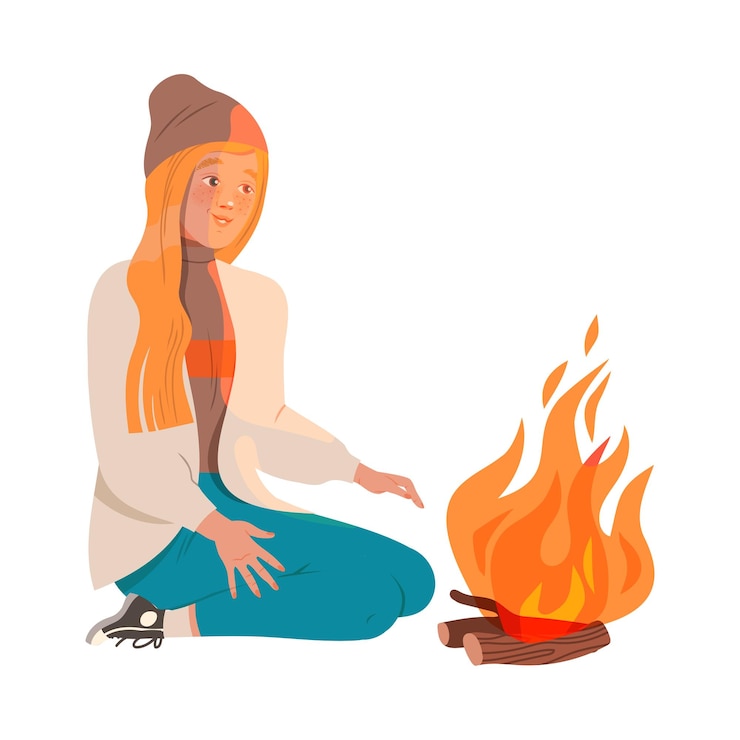 Vector mujer pelirroja feliz sentada en la fogata mirando la ilustración vectorial del fuego ardiente