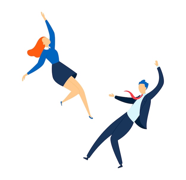 Mujer pelirroja y hombre de traje bailando felices profesionales adultos disfrutando de un alegre descanso de baile