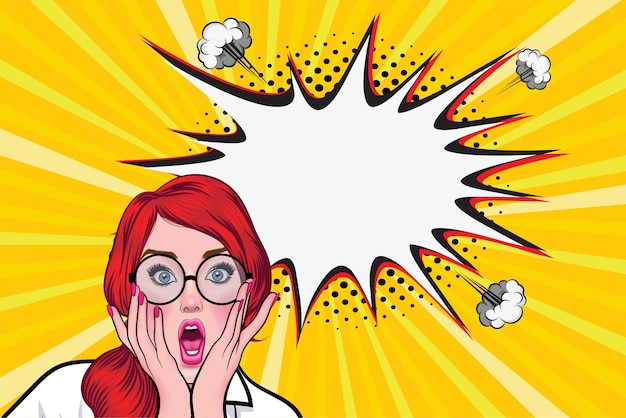 Mujer pelirroja sorprendida con gafas pop art wow cara tomados de la mano de cerca en las mejillas Venta o venta