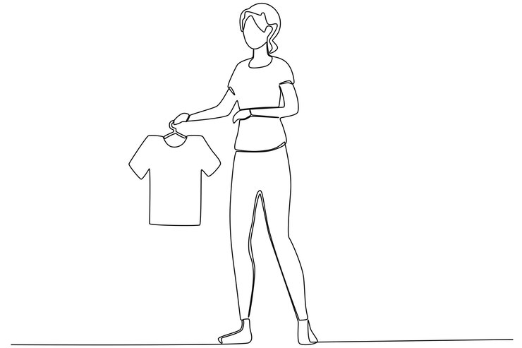 Vector una mujer con el pelo corto comprando una camiseta de niño una línea de arte