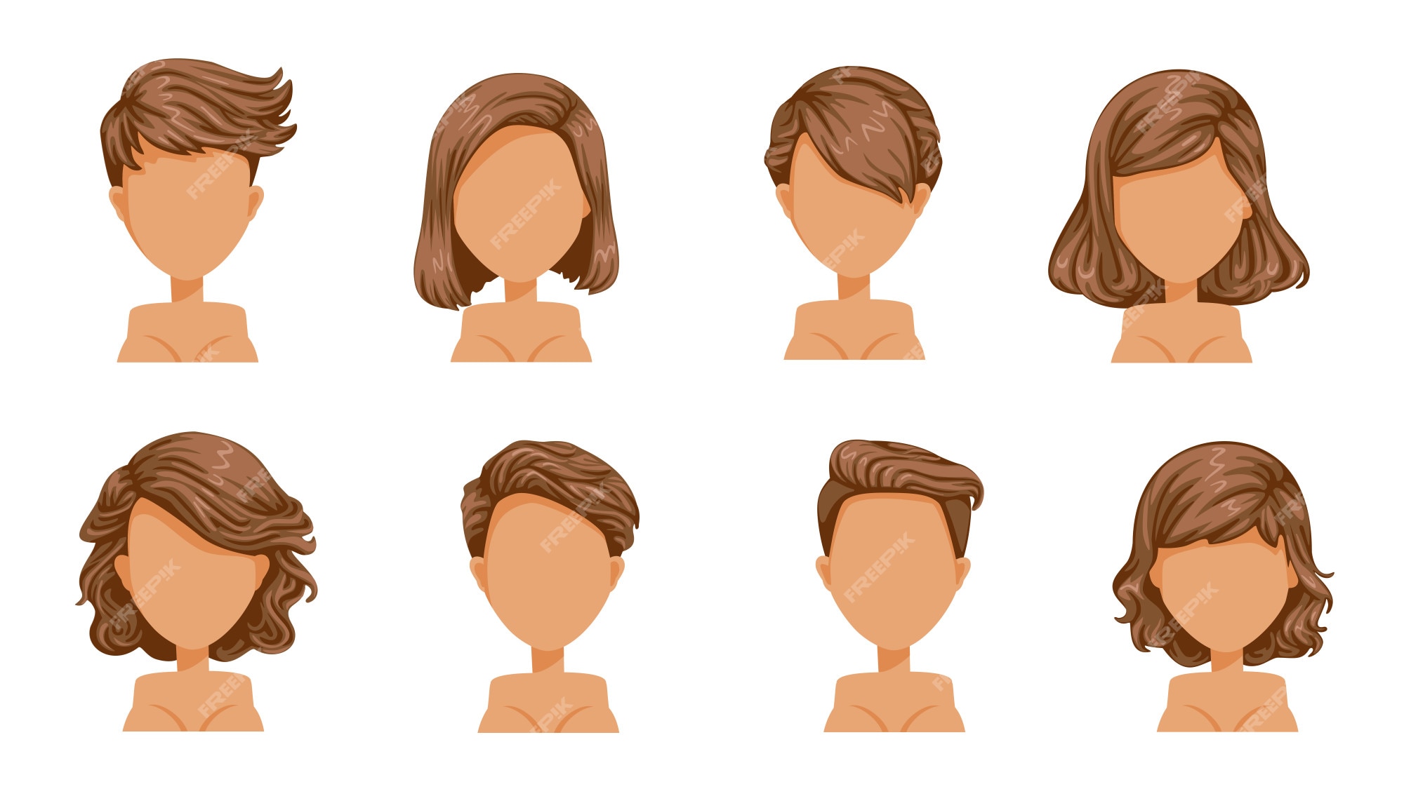 Mujer de pelo corto. hermoso peinado conjunto de pelo marrón. títere a la  moda moderna para surtido. pelo corto, pelo rizado, peinados de salón y  corte de pelo moderno. | Vector Premium