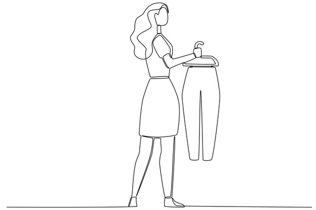 Una mujer con el pelo largo y una falda corta comprando pantalones largos en una línea.