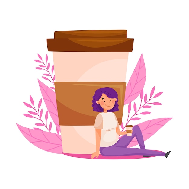 Mujer de pelo púrpura sentada cerca de una enorme taza de café y un telón de fondo floral ilustración vectorial