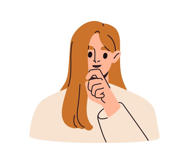 Mujer pensando en una idea de pensamiento curioso Personaje femenino interesado tocando la barbilla Planificación contemplando preguntándose Adivinar y trazar Ilustración vectorial plana aislada sobre fondo blanco