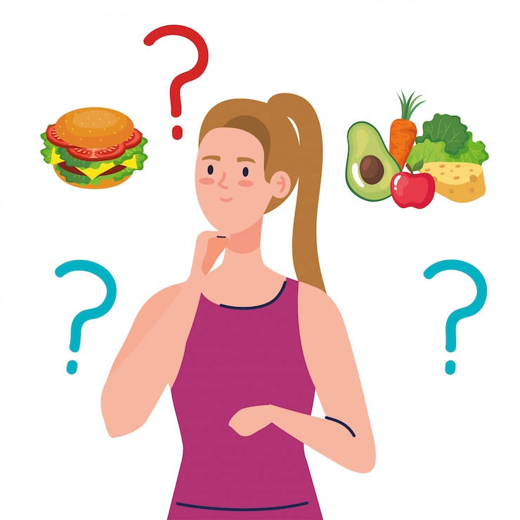 Vector mujer pensando que comer