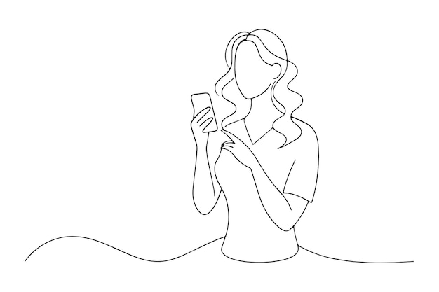 mujer pensando sosteniendo el teléfono Una línea continua de línea de arte vectorial ilustración en fondo blanco