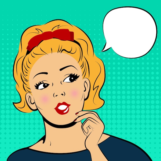 Mujer pensante con cabello naranja en vestido azul con burbuja de habla. Ilustración vectorial aislada en fondo turquesa. Estilo pop art