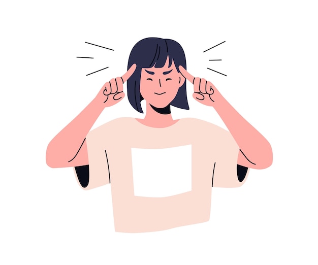 Mujer pensante con expresión facial pensativa y tensa dedos en las sienes Concentración en los pensamientos resolución de problemas difíciles Ilustración vectorial plana aislada sobre fondo blanco