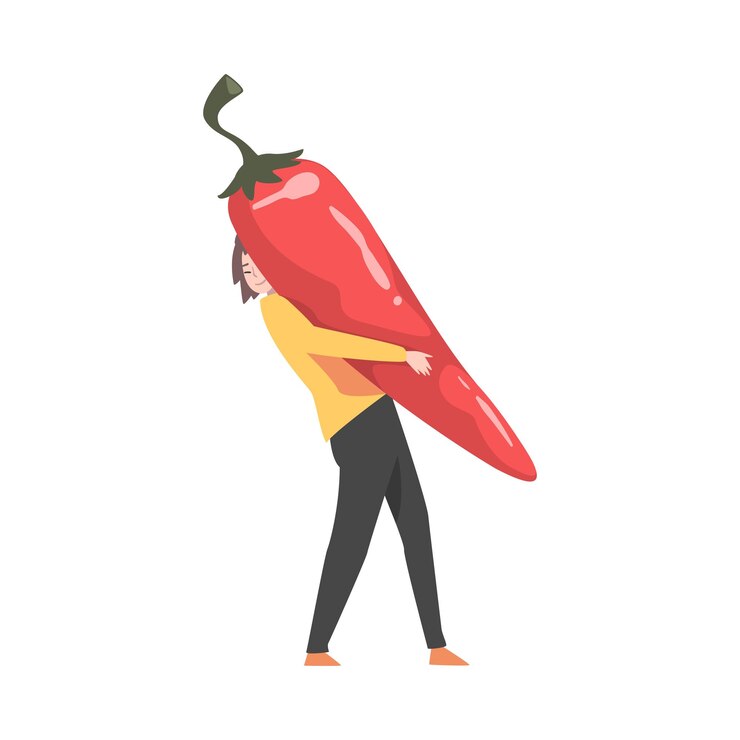 Vector mujer pequeña que lleva una enorme pimienta madura como ilustración vectorial de ingredientes alimenticios