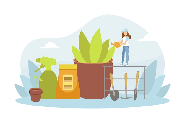 Mujer pequeña regando una planta de interior con una chica de lata cuidando plantas de interior ilustración vectorial