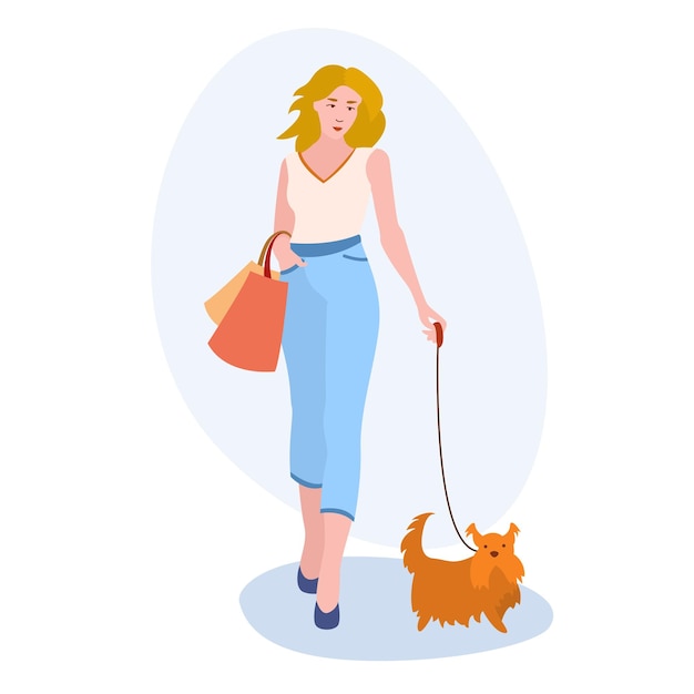 mujer, con, pequeño, perro, ilustración, niña, bolsa, mascota, correa