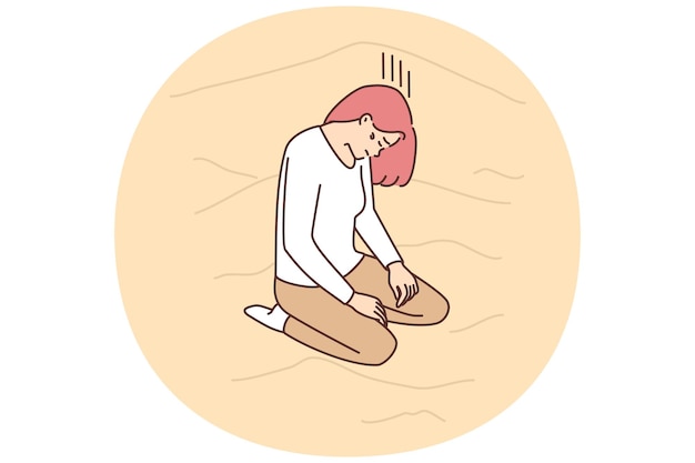 Mujer perdida arrodillada con la cabeza inclinada en las dunas de arena en el desierto sufriendo de sed. Imagen vectorial