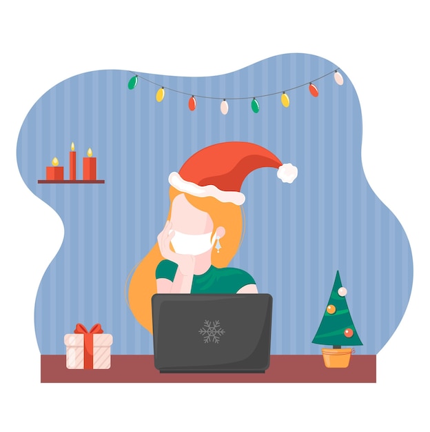 Mujer con período de máscara de coronavirus celebró el Año Nuevo 2021 o Navidad en línea con computadora portátil