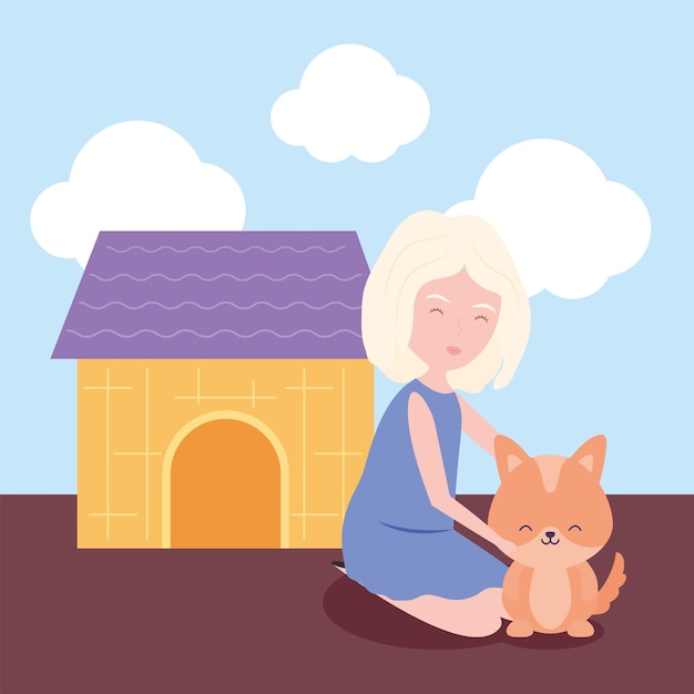 Vector mujer, y, perrito