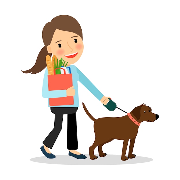 Mujer con perro y bolsa de comida.