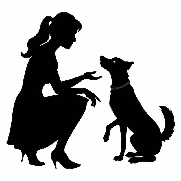 Vector una mujer y un perro están en una imagen en blanco y negro