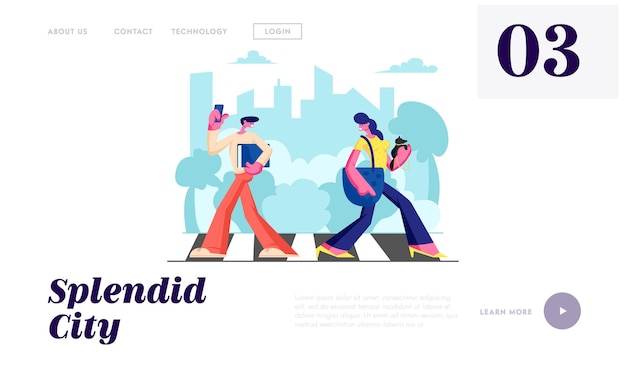 Mujer con perro y hombre con teléfono caminando paso de peatones en Metrópolis, estilo de vida de habitantes de la ciudad, prisa en el trabajo, tráfico, fin de semana Página de destino del sitio web, página web. Ilustración de Vector plano de dibujos animados