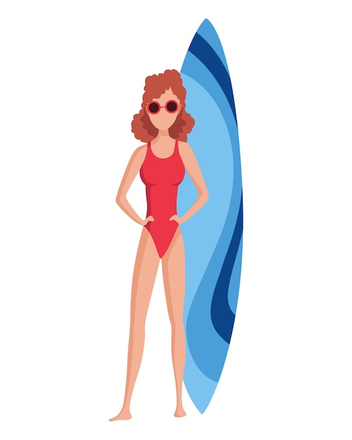 Mujer Personaje femenino divertido Jovencita de pie cerca de la tabla de surf Ilustración de dibujos animados plana de verano