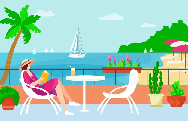 Vector mujer personaje sentado hotel terraza país tropical junto a la playa relajante lugar femenino leer libro y