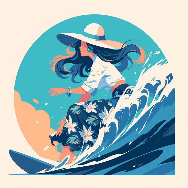 Vector una mujer peruana está surfeando.