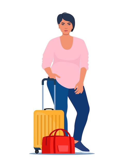 Vector mujer de pie al lado del equipaje listo para viajar o viajar maleta y bolsa de viaje