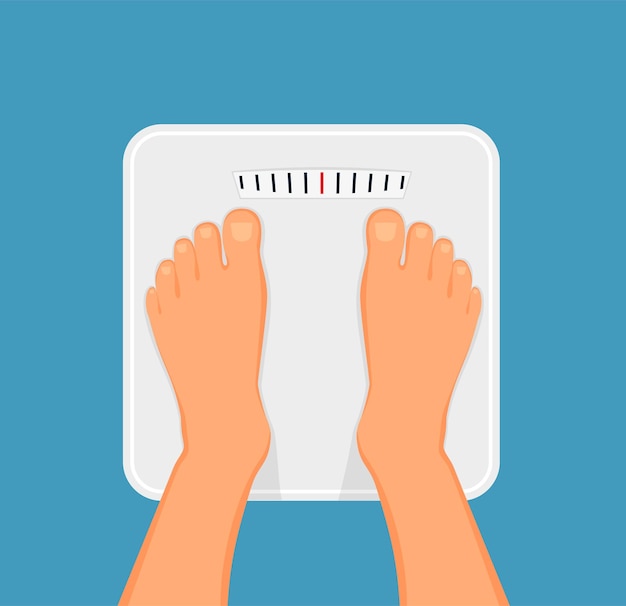 La mujer está de pie en la báscula de baño vista superior de los pies medición y control del peso concepto de estilo de vida saludable, dieta y fitness