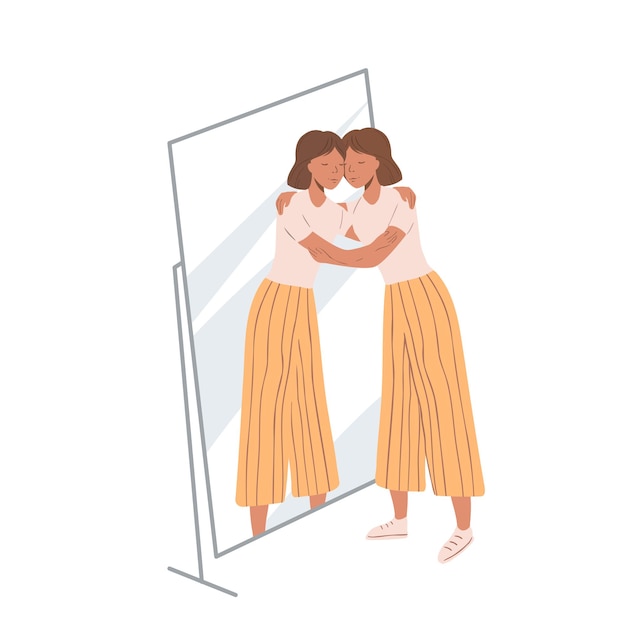  Mujer de pie cerca del espejo y abrazando su propio reflejo. concepto de amor propio y autoaceptación. chica joven y su reflejo. ilustración de dibujos animados plana