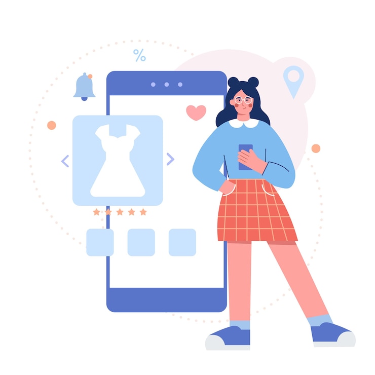 Vector mujer de pie cerca de una gran pantalla y seleccionando un vestido en una tienda en línea