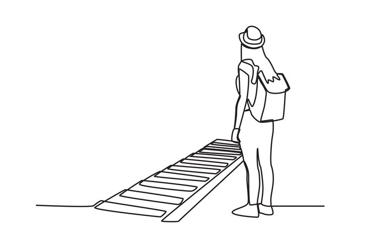 Vector una mujer de pie cerca de las vías del tren actividades de la estación de tren dibujo de una línea