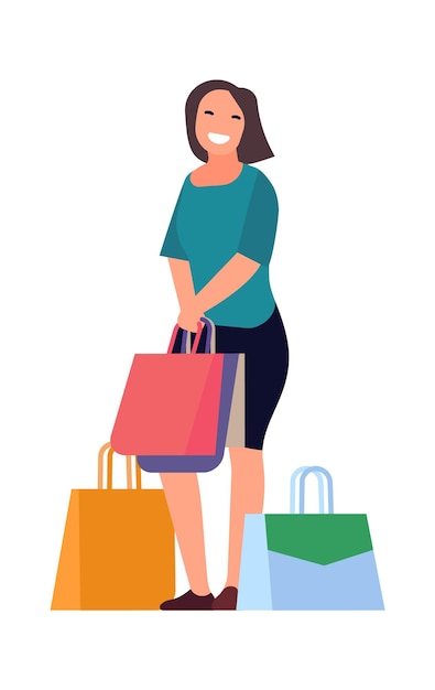 Vector mujer de pie con compras en bolsa de papel. concepto de cliente feliz aislado sobre fondo blanco