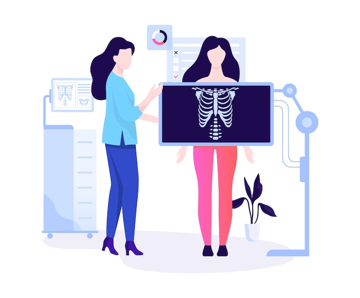 Vector mujer de pie detrás de la radiografía y hacer un examen del tórax. cuerpo humano, esqueleto. idea de radiología y exploración corporal. ilustración