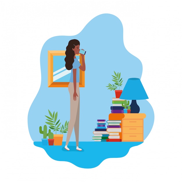 Vector mujer de pie con estantería de madera y libros.