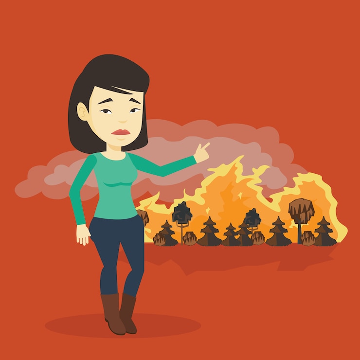Vector mujer de pie en el fondo de incendios forestales.