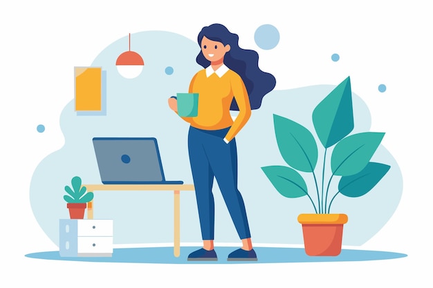 Una mujer de pie frente a una computadora portátil sosteniendo una taza de café Una mujer de pé con una computadora portable y café Ilustración vectorial plana simple y minimalista