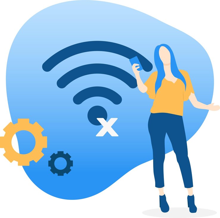 Vector una mujer de pie frente a un fondo azul con una persona apuntando a un dispositivo que tiene una x en él