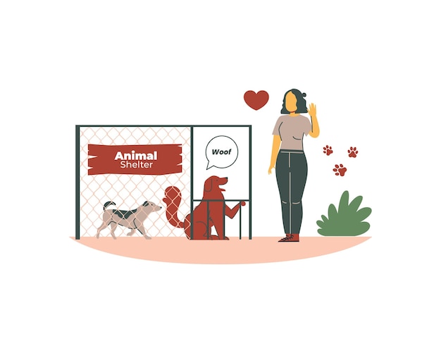 Vector una mujer está de pie frente a una jaula con un perro el concepto de protección animal ilustración vectorial