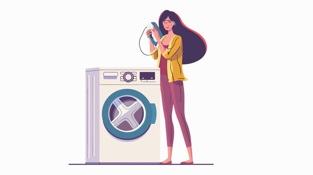una mujer de pie frente a una lavadora
