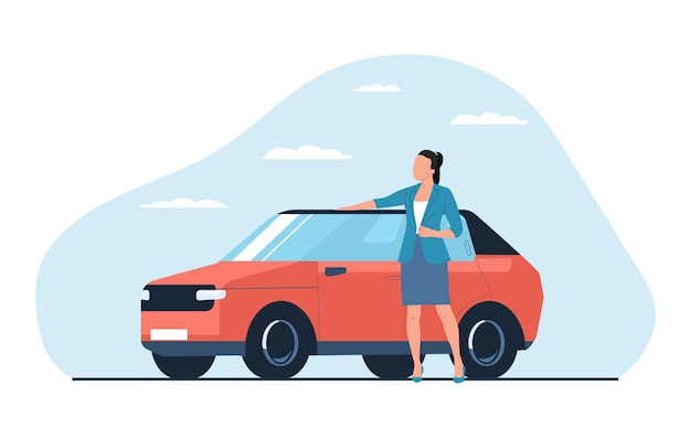 Una mujer de pie junto al coche con la mano en el techo Concepto para compañías de seguros o concesionarios de automóviles