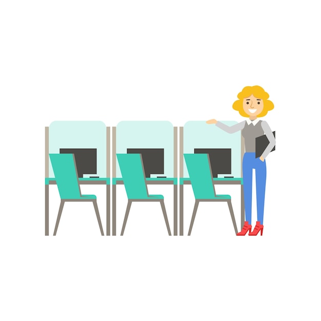 Mujer de pie junto a un conjunto de cubículos similares Coworking en un ambiente informal en la ilustración infográfica de la oficina de diseño moderno