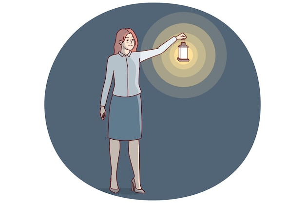 Mujer de pie con la mano con una linterna de aceite vintage para iluminar la imagen vectorial de la habitación oscura