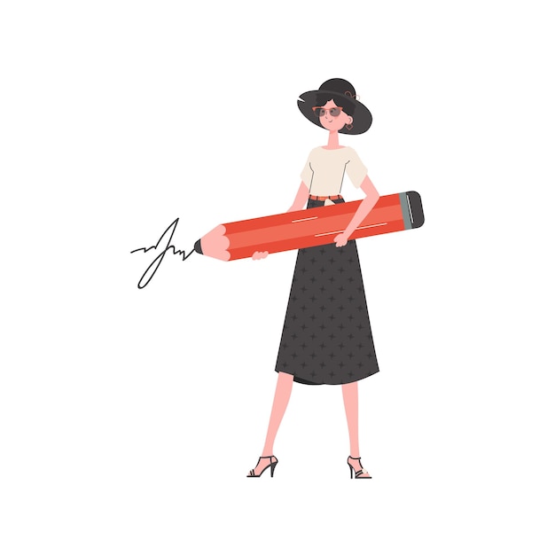 Una mujer de pie en pleno crecimiento pone una firma con un lápiz Elemento aislado para presentación Ilustración vectorial