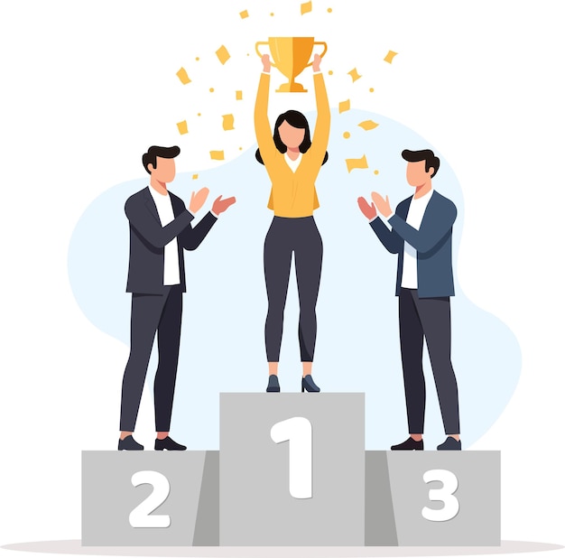 mujer de pie en el podio sosteniendo el trofeo y el trabajo en equipo