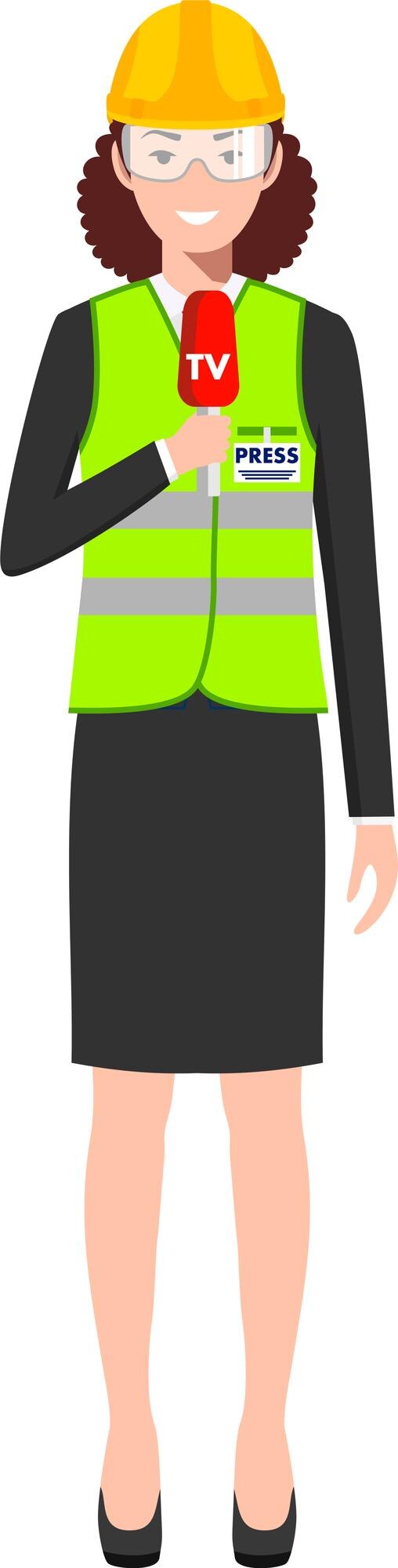Vector mujer de pie reportera de prensa en casco protector de construcción uniforme y gafas con micrófono