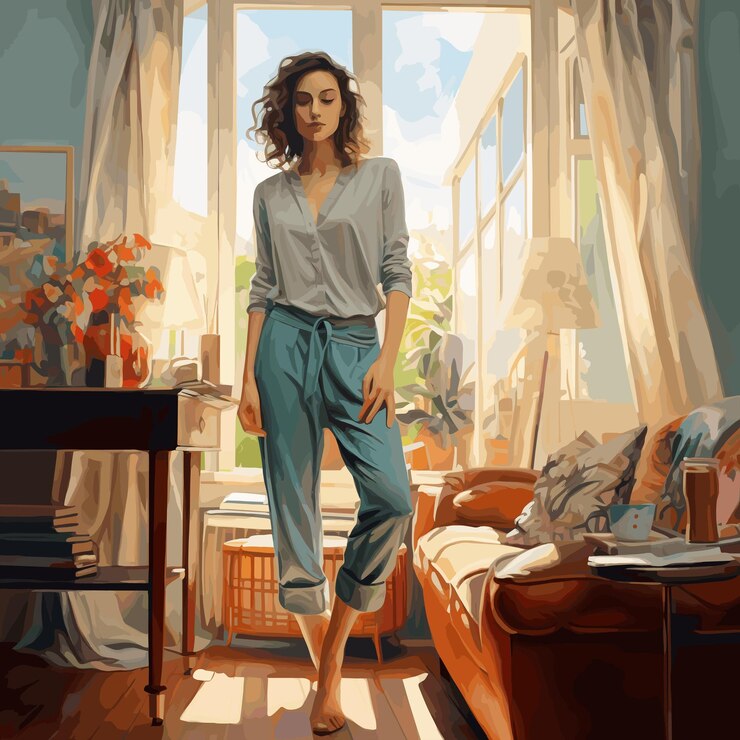 Vector una mujer de pie en la sala de estar en el estilo de ilustración de acuarela