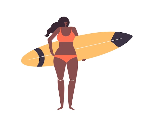 Mujer de pie y sosteniendo la tabla de surf Una ilustración de dibujos animados de vector plano
