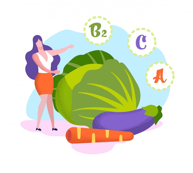 Vector mujer de pie en las verduras enormes vitaminas en el producto