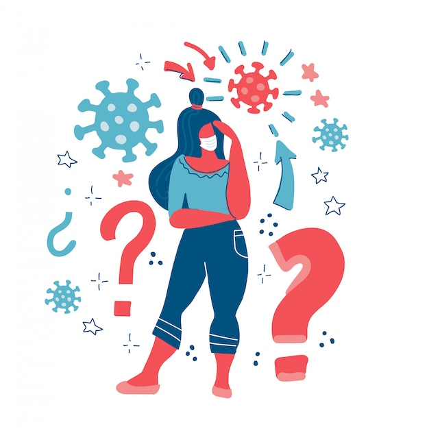 La mujer piensa Concepto de coronavirus. Chica pensando en problemas, finanzas, vida, relación. Pregunta. Chica resuelve un problema. Mujer con signos de interrogación. Mantente a salvo en casa. ilustración plana